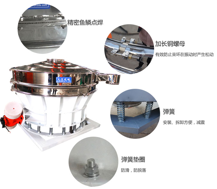 1500直排篩細(xì)節(jié)展示：彈簧，彈簧墊圈，加長銅螺母。