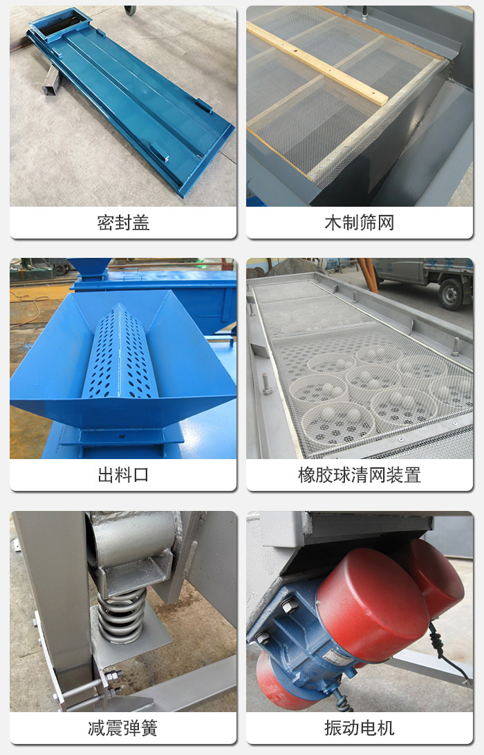 直線篩分機的結(jié)構(gòu)展示圖：篩箱是物料主要篩分設備之一，篩網(wǎng)用于篩分物料，振動電機幫助篩網(wǎng)篩分。