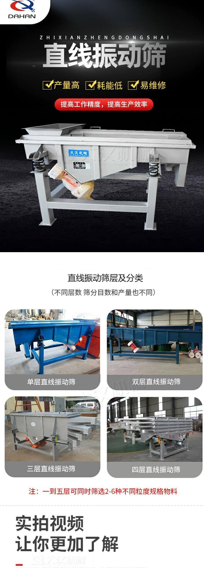 直線振動篩概述，產(chǎn)量高，耗能低，易維修，提高工作精度，提高生產(chǎn)效率，直線振動篩層級分類：不同層數(shù)，篩分目數(shù)和產(chǎn)量也不同：單層，雙層，三層，四層等。