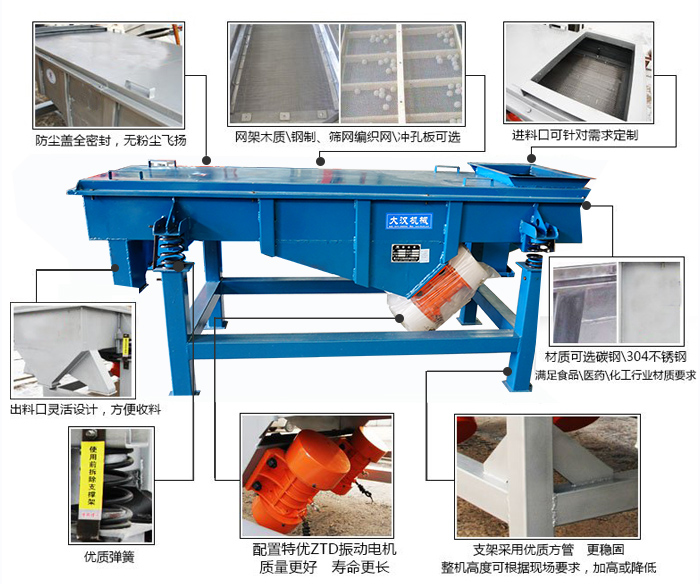方形振動(dòng)篩結(jié)構(gòu)包括:防塵蓋:全密封,無粉塵飛揚(yáng)。網(wǎng)架木質(zhì)/鋼制,篩網(wǎng)編織網(wǎng)/沖孔板可選。進(jìn)料口可針對(duì)需求定制。出料口靈活設(shè)計(jì),方便受料,材質(zhì)可選碳鋼/304不銹鋼滿足食品/醫(yī)藥/化工行業(yè)材質(zhì)要求。優(yōu)質(zhì)彈簧。配置特優(yōu)ZTD振動(dòng)電機(jī)質(zhì)量更好,壽命更長(zhǎng)。支架采用優(yōu)質(zhì)方管,更穩(wěn)固整機(jī)高度可根據(jù)現(xiàn)場(chǎng)要求,加高或降低。