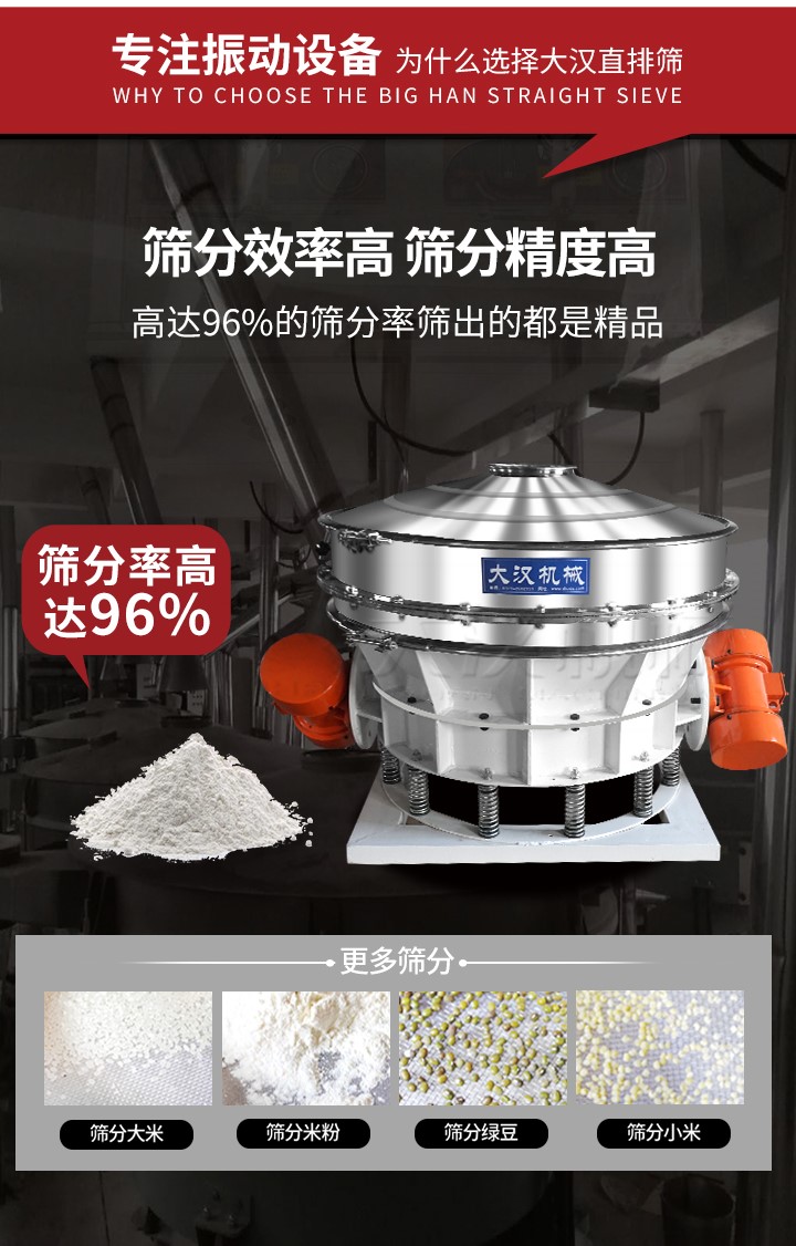 直排篩適用物料有面粉，淀粉，洗衣粉，金屬粉，添加劑，化工，非礦等行業(yè)。